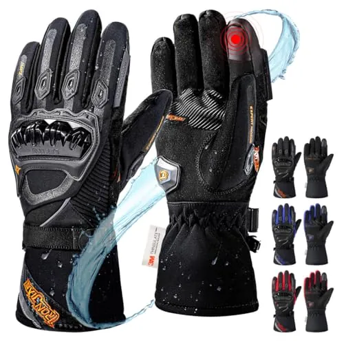 IRON JIA'S Guantes Invierno para Motocicleta para Hombre, Impermeables y Resistentes Level 1 KP al Viento, Ligeros y Cálidos Guantes de Pantalla Táctil, Adecuados para Motociclismo, Esquí-Negro-L