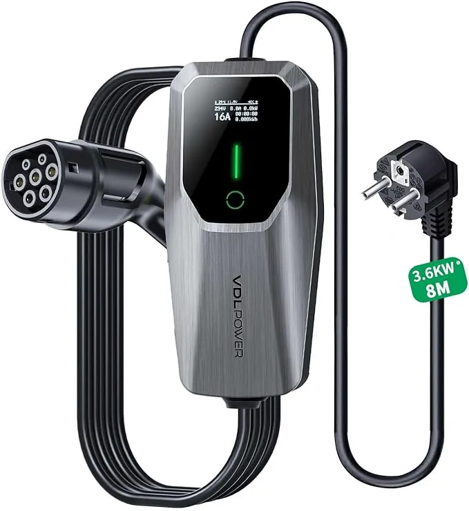 Cargador Coche Electrico, Cargador de Vehículo Eléctrico de 3,6 Kw 8m Tipo 2, Cable de Carga de Vehículo Eléctrico 8-16A, con Enchufe de La UE para Tomas estándar de la UE IEC 62196-2