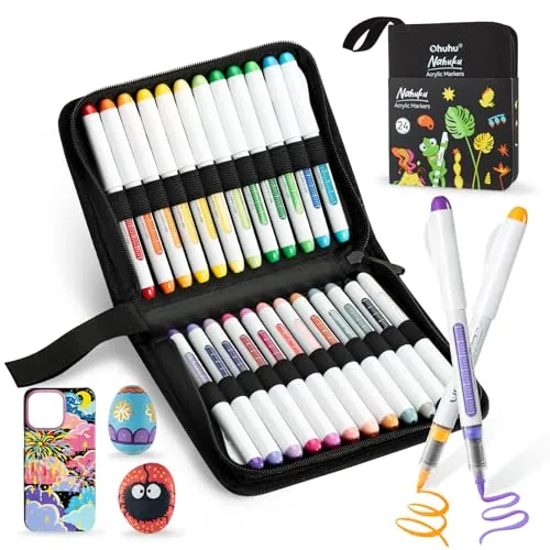 Ohuhu Rotuladores acrílicos de 24 colores, Rotuladores acrílicos con punta de pincel de 1,5MM de alta opacidad resistentes al agua y a la luz para huevos de Pascua de roca madera vidrio cerámica