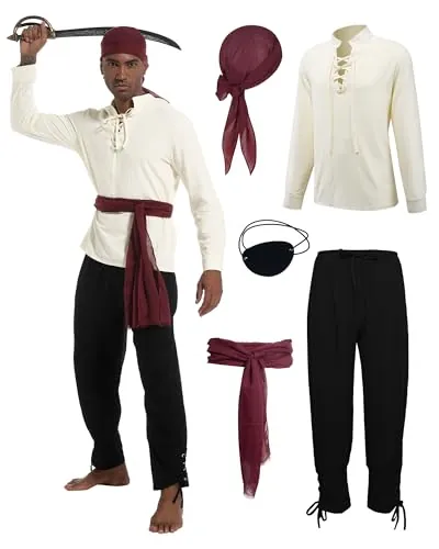QEKFDOV Juego de 5 accesorios para disfraz de pirata, disfraz medieval de pirata con bandana, cinturón, parche para Halloween, capitán y carnaval. (negro, S)