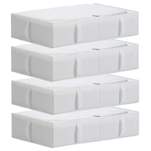 TYEERS Caja de Almacenaje Bajo la Cama con Tapa, Tela Duradera, Lavable, Plegable, Organizador Armario para Ropa, Mantas, Sábanas, Zapatos, 70x42x18 cm, Paquete de 4, Blanco