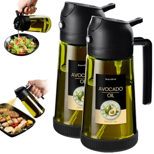 TrendPlain Pulverizador Aceite Spray 470ml - 2 en 1 Spray Aceite Cocina, Dispensadora para Freidora de Aire, Ensaladas, Vinagre y Accesorios Cocina (2 unidad, 2 Negro - 1)