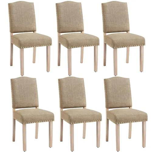 Yaheetech Juego de 6 Sillas de Cocina Tapizada de Tela Patas Madera Khaki