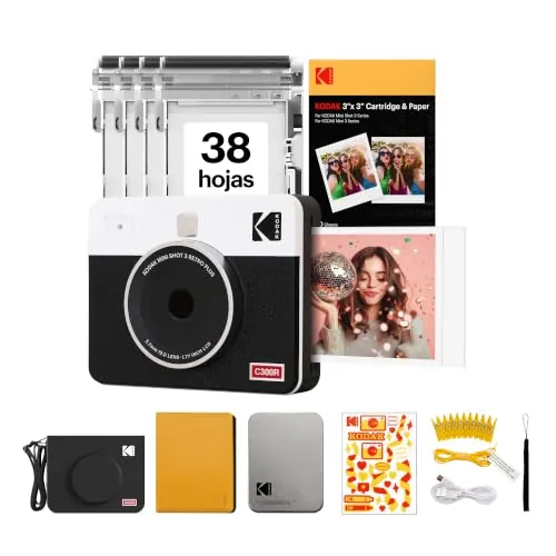 KODAK Mini Shot 3 Retro 4PASS 2-en-1 Cámara Instantánea e Impresora Fotográfica (7,6x7,6cm) + Paquete de Accesorios 68 Hojas, Blanco