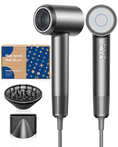 Bannilu Secador de Pelo lónico de Alta Velocidad, Ligero, MotorSin Escobillas 160.000 RPM, Secado Rápido, Anti Encrespamiento, Bajo Ruido, con Difusor y Boquilla, Enchufe UE, Gris