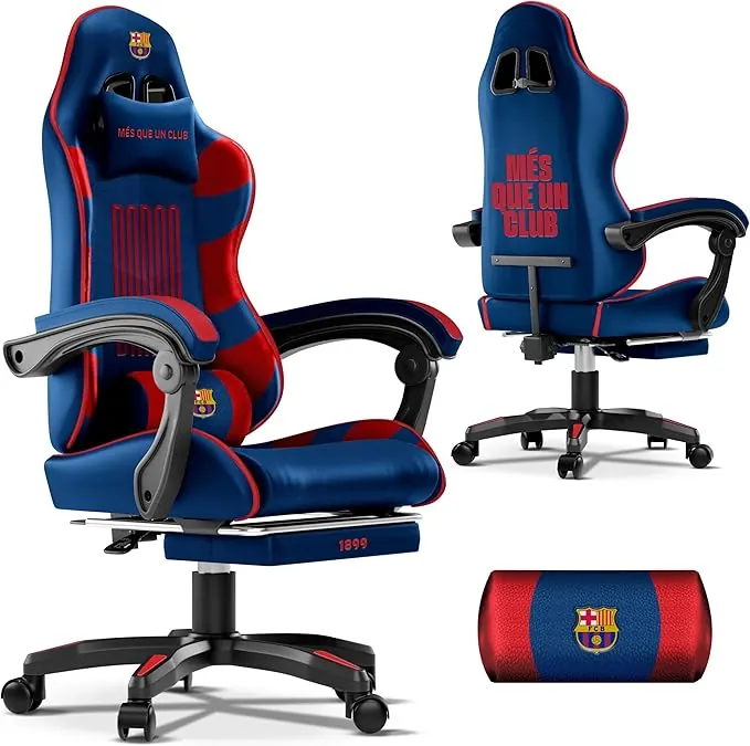 JUPPLIES Silla Gaming FC Barcelona Oficial - Silla Gamer Ergonómica Reclinable 135º, Cojín Memory Foam, Reposapiés Retráctil y Altura Ajustable para PC, Consola y Escritorio Juvenil (sin masajeador)