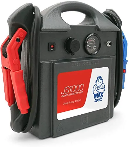 MAXTOOLS JS1000 Arrancador de Emergencia Portátil 1380 A 12 V 22 Ah con 4140 A de Inrush, Jump Starter, Booster, Arrancador de Coche con Batería de Plomo AGM y Alicates con Luz LED