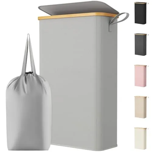 Lifewit Cesto Ropa Sucia Estrecho con Tapa, Cesto de Ropa Plegable con Bolsa Extraíble y Asa, Cesta Ropa Sucia de Bambú, Cubo de Ropa para Dormitorio, Baño, Lavandería, Dormitorio, 70 L, Gris plata