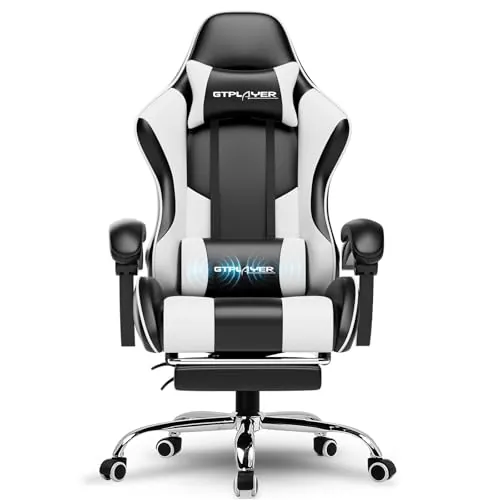GTPLAYER Silla de Oficina para Gaming, Masaje, sillón, Silla ergonómica para Gamer, con reposapiés, reposacabezas, cojín Lumbar, Acolchado, Silla giratoria, Color Blanco
