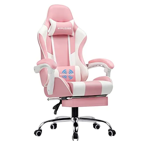 GTPLAYER Silla Gaming con Masajeador Ergonómica Silla Gamer con Reposapiés Reposacabeza, Silla de Oficina Ergonómica, Soporte Lumbar, Silla Juego Ajustable en Altura, Rosa