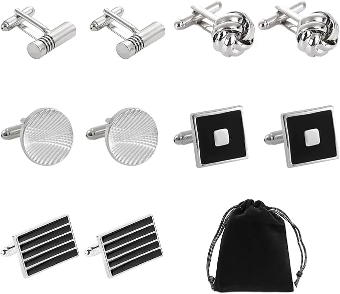 5 Pares de Gemelos de Acero Inoxidable, Bolsa de Almacenamiento, Gemelos de Traje de Camisa para Hombre (Negro y Plateado), Talla Única, Acero Inoxidable