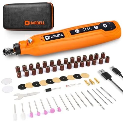 HARDELL Mini Amoladora Bateria Inalámbrica USB, Herramienta Rotativa Multifunción 4V con 61 Accesorios, 5 Velocidades para Manualidades, Modelismo, Pulir, Taladrar y Cortar - Kit de Regalo Bricolaje