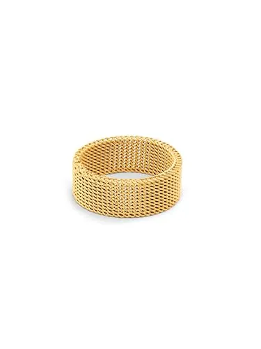 SINGULARU - Anillo Mesh. Acero con Acabado en Baño Oro de 18Kt. Anillo Ancho y Maxi con Altura de 8 mm y Grosor de 1.9 mm. Joyas para Mujer. Talla 14
