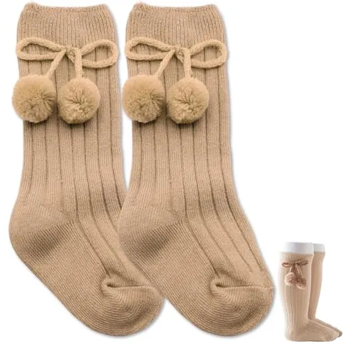 BABYZOCO Calcetines Largos de Algodón Con Pompones, Medias Largas de Algodón para Bebés, Calcetines de Rodilla para niños, Calcetas de Bebé (FR/ES, Edad, 3 meses, 12 meses, Beige)