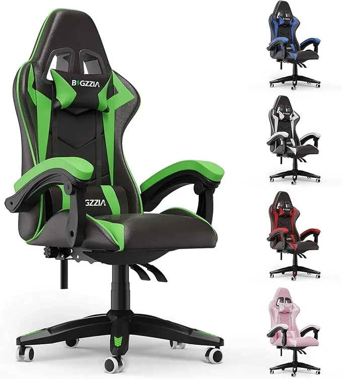 bigzzia Silla Gaming,Silla Ergonómica de Oficina en Cuero PU,Regulable en Altura con Soporte Lumbar y Reposacabezas,Respaldo Reclinable 155°,Silla Gamer Adulto Niño(Verde)