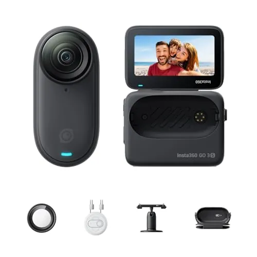 Insta360 GO 3S 64GB Negro - Minicámara portátil 4K POVs Manos Libres, se Puede Colocar en Cualquier Lugar, estabilización, batería de 140 min, Resistente al Agua, 10 m, edición de IA, Apple Find My