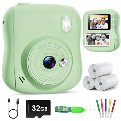 Hangrui Camara Fotos Infantil Instantanea, 1080P Camara Fotos Infantil, Cámara Instantánea para Niños con Tarjeta de 32GB,Papel de Impresión y Bolígrafos de Colores, Regalos Juguete-Verde