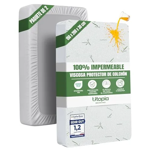 Utopia Bedding Protector de Colchón 150 x 200 x 30 cm (Paquete de 2) Impermeable, Viscosa Premium, Certificación Oeko-Tex, Cubre Colchón Transpirable, Elástico En Todo