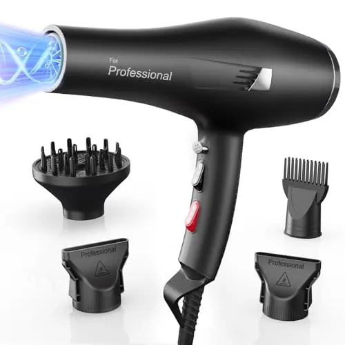 Secador pelo profesional con iones, Hair Dryer iónico con 1 difusor, 2 boquillas de peinado, 3 temperaturas (aire frío y caliente), secado rápido para todo tipo de cabello