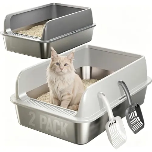 Juego de 2 Cajas de Arena para Gatos de Acero Inoxidable, con Borde Alto, 60 x 40 x 20 cm, Pala para areneros (L)