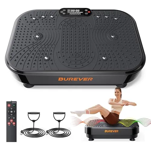 Burever Plataforma Vibratoria, 150W Plataforma vibración Muscular con Masaje silencioso de pies, 99 Niveles de Intensidad y 5 programas, con 2 Bandas de Resistencia y Mando a Distancia, Pantalla LCD