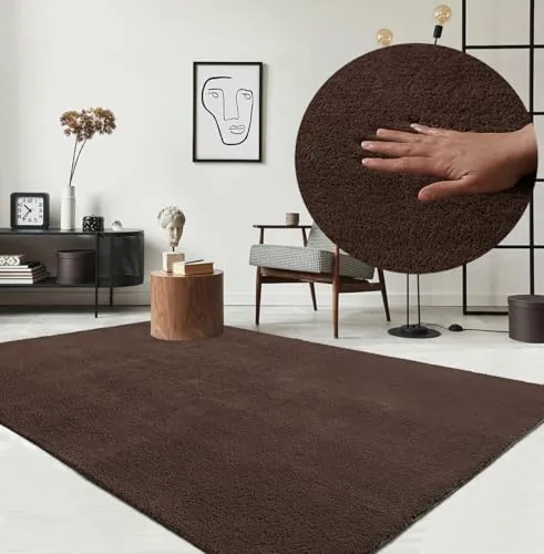 the carpet Relax - Alfombra Moderna y mullida de Pelo Corto, para salón, Parte Inferior Antideslizante, Lavable hasta 30 Grados, Muy Suave, Marrón, 200 x 280 cm