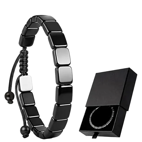 JTHEW Pulsera ajustable de hematita para hombres - Pulsera de piedra natural para energía masculina, inspirada en guerreros romanos y vikingos, ajuste elástico para muñeca 16-24 cm (6.3-9.5 pulgadas).