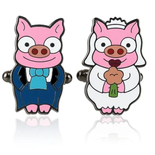 Gemelos Divertidos de Cerditos Esmaltados a Mano para Camisa – Pareja de Cerdo Novio y Novia con detalles – Accesorio Único para Bodas, Eventos Formales y Celebraciones