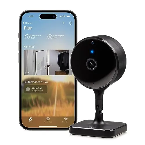 Eve Cam, cámara inteligente para interior, resolución 1080p, Wi-Fi, privacidad total, HomeKit Secure Video, notificaciones en iPhone, micrófono y altavoz, visión nocturna, instalación flexible