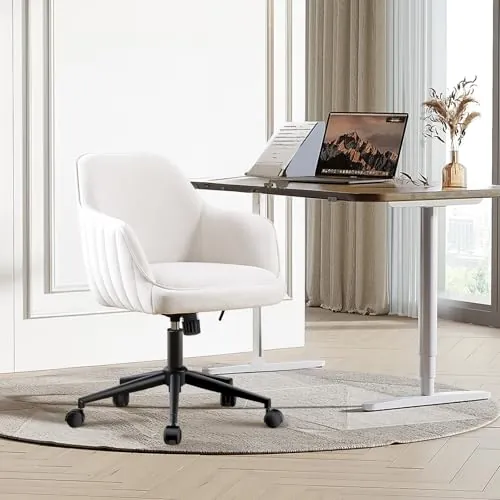 BERYTH Silla de Oficina en casa, de Terciopelo, para tocador de hasta 136 kg, Altura ergonómica, giratoria 360°, silenciosa, Ruedas silenciosas, para Dormitorio, Oficina en casa, Color Blanco