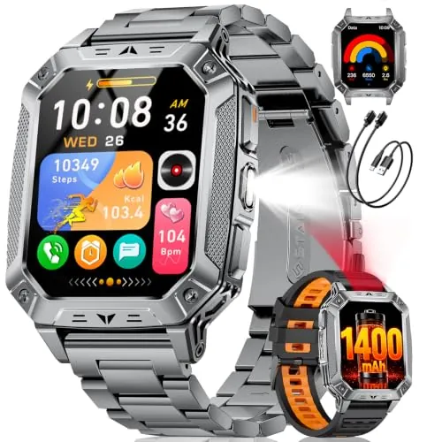 LIGEON 1400 mAh Reloj Inteligente Hombre 20 Días Autonomía Gran Batería 2,0″ HD Llamadas Bluetooth Smartwatch, Monitor Frecuencia Cardíaca/Sueño/Linterna LED, 2 Cargadores,Reloj Fitness,Gris
