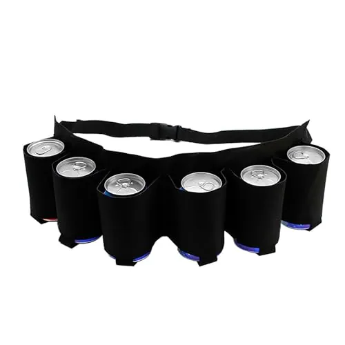 Cinturón Cerveza Portátil con 6 Bolsillos,Portátil Cinturón de Cerveza, Sujeta Bebidas, Ajustable, Apto para Acampadas, Senderismo, Fiestas al Aire Libre
