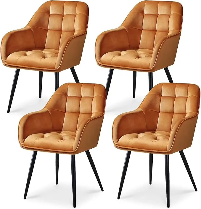 ELUCHANG Juego de 4 Sillas de Comedor con Brazos en Terciopelo Naranja, Acolchado Mullido, Estructura Estable, Ideal para Cocina, Salón o Tocador