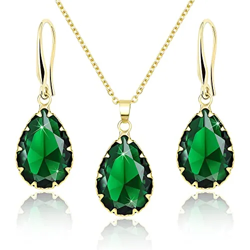 Linawe Conjuntos de joyas de color verde esmeralda para mujer, collar de cadena con colgante de esmeralda dorada, pendientes colgantes para mujer, joyería de moda