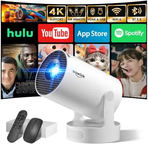 [Apps integradas & 2026 Upgraded] Mini Proyector con WiFi 6 Bluetooth 5.4 Support 4K 1080P Auto Keystone 180° Rotable Proyector Portátil Compatibile con HDMI/TV Stick/Memory Stick/Laptop, Blanco