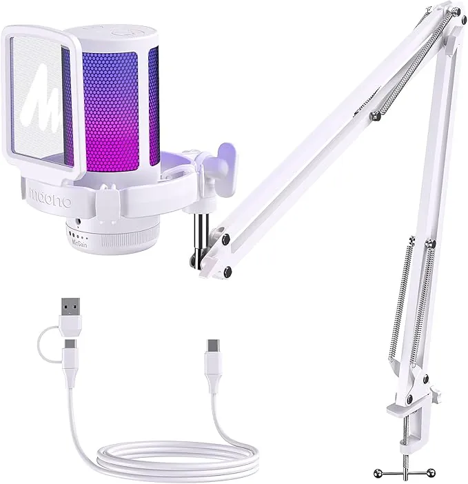 MAONO Microfono Gaming, USB Micrófono Condensador con Cancelación de Ruido para Streaming Podcast Studio, Compatible con PS5/PS4/Mac con Luces RGB, Botón de Silencio, Control de Ganancia, Blanco