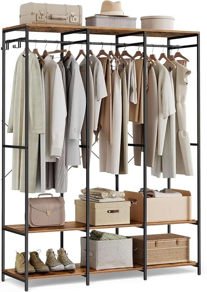 SONGMICS Armario de Ropa Portátil, Armario Plegable, Perchero, Organizador Armario, con Barras de Colgar, Estantes de Almacenamiento, Ganchos Extraíbles, 40 x 141 x 180 cm, Marrón Rústico RGR005B01