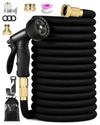 Manguera Flexible de Jardín 15m Negra, Tubo de Agua Extensible Profesional de Larga Distancia, Manguera Mágica Antienredos para Patio, Alta Presión