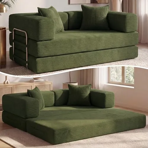 Vipbear Sofá Cama Pana 200×100×70 cm, sofá de Suelo transformable 5 en 1, Espuma de Alta Densidad, Apto para Mascotas y ergonómico, sin Montaje, Verde