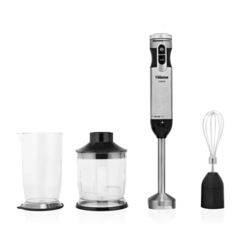 Tristar MX-4829 - Set de batidora, con batidor, picadora y vaso medidor de 700 ml con tapa, Varilla de acero inoxidable, Función turbo, Motor de 1000 W DC, Negro y plateado