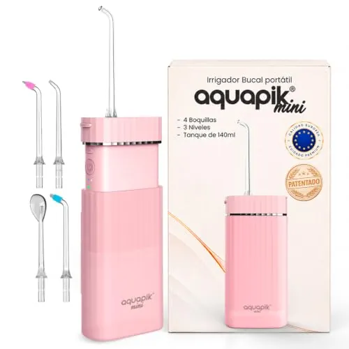 Irrigador dental portátil Aquapik Mini 140 ml | Water flosser recargable USB tipo C | 3 modos presión | limpieza profunda | Ideal para Encías sensibles, ortodoncia e implantes dentales (Rosa)