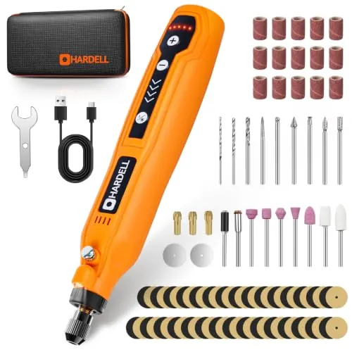 HARDELL Mini Amoladora Bateria Inalámbrica USB, Herramienta Rotativa Multifunción 4V con 61 Accesorios, 5 Velocidades para Manualidades, Modelismo, Pulir, Taladrar y Cortar - Kit de Regalo Bricolaje