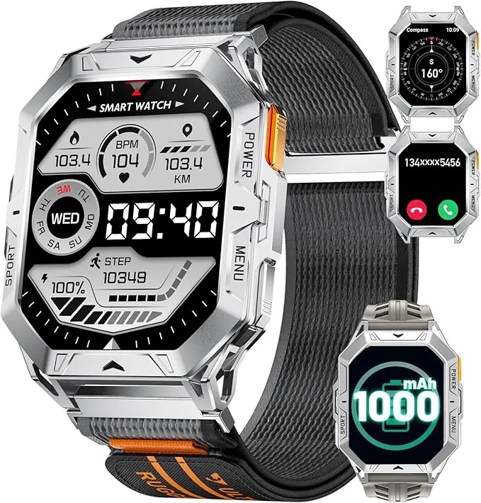 Reloj inteligente militar para hombre, batería de 1000 mAh, barómetro, altímetro, brújula, 2,13 pulgadas, AMOLED de 2,13 pulgadas, función de teléfono, frecuencia cardíaca 24/7 y monitor de sueño, más