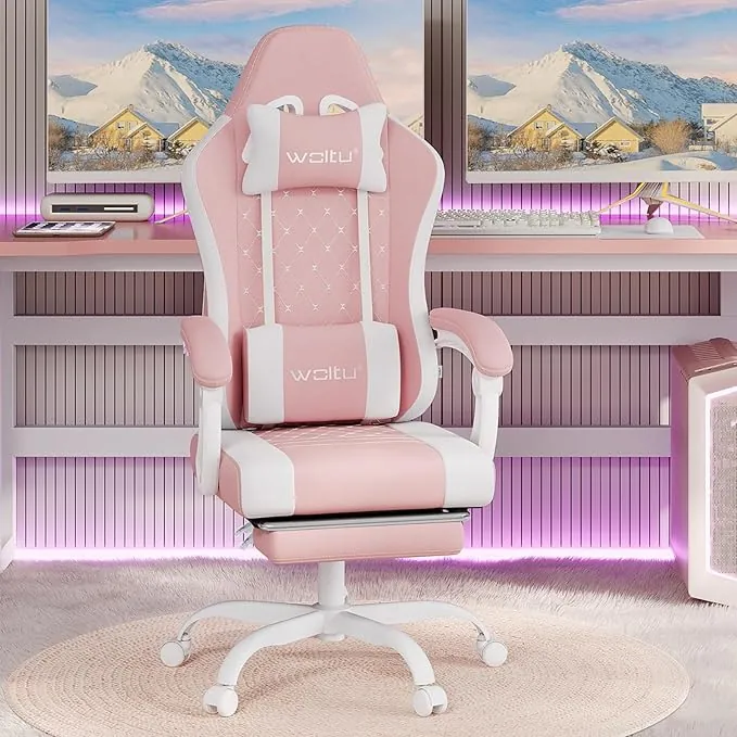 WOLTU Silla de Gaming Ergonómica, Silla Oficina con Soporte Lumbar Masaje y Reposapiés Extraible, Asiento Giratorio de Muelle, Capacidad 150 kg, Tela de Malla, Rosa+Blanco