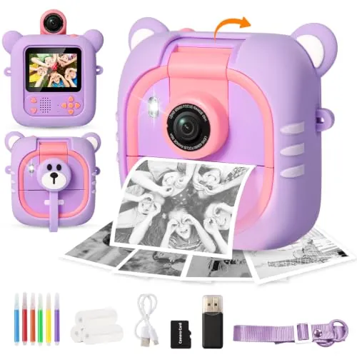 ARNSSIEN Camara Fotos Infantil Instantanea 2,4" Lente 180° Camara Infantil | Camara instantánea, 3 papeles, Vídeo 1080P, fotos divertidas, regalo Cumpleaños y Fiestas para niños y niñas 3-12 años,M2