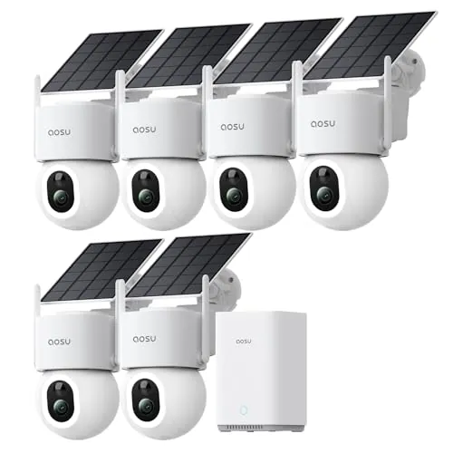 aosu D1 MAX 4K Camara de Vigilancia Solar Exterior, 6 Cámaras, 360° Pancon | aosuBase 2.0, 32GB Local y Expandible hasta 1 TB, 360° PTZ AI Seguimiento Auto Persona/Vehículo, Visión Nocturna en Color
