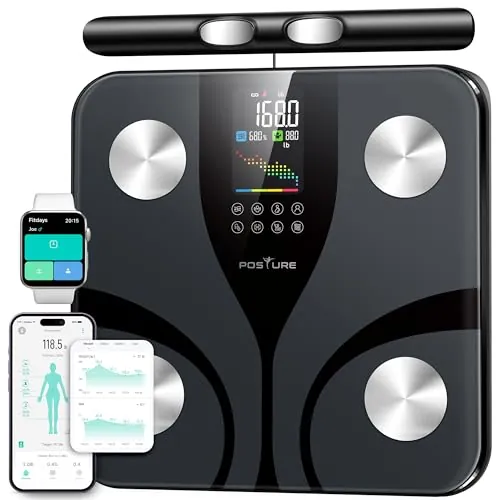 Posture Báscula de Baño Inteligente de Impedancia 8 Electrodos, Pantalla a Color, 28 Parámetros de Composición Corporal con Masa Muscular y Grasa Corporal, Plataforma Amplia, App Bluetooth, 180 kg