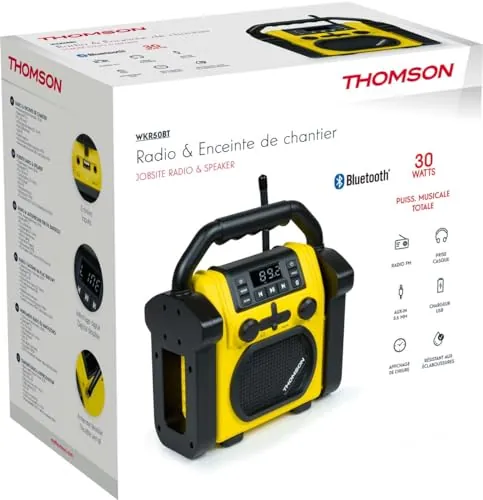 Thomson WKR50BT - Radio de Obra con Bluetooth, Radio FM PLL, AUX-IN, Toma Auricular, USB Reproductor, 30W Musicales, IPX54, alimentación 230V Cable ó 4 Pilas LR14 (no Incluidas)