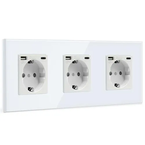 BSEED Triple Enchufe de Pared USB(Max. 2.1A) con Tipo C Port,Blanco Schuko Enchufe,Toma de Corriente con 2 x Cargadores USB y Tipo C Adecuado para Smartphone MP3 Tablet,para Cocina,Dormitorio