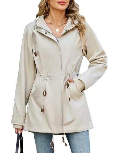 Vancavoo Chaqueta de Entretiempo Mujer con Capucha y Cintura Ajustable | Abrigo Ligera con Cremallera, Puños de Canalé, Bolsillos y Bajo Ajustable, Primavera Otoño,Blanco roto,S